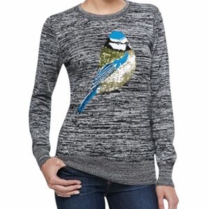 French Connection Sequin Bird Sweater Medium Grey Marled Knit Cotton